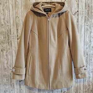London Fog Hooded Zip Front Wool Blend Coat XS Tan Color